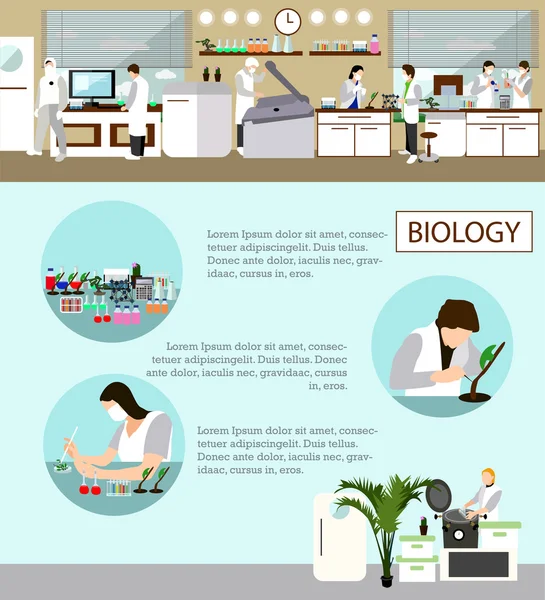 Científico trabajando en ilustración vectorial de laboratorio. Interior del laboratorio de ciencias. Concepto de educación en biología . — Archivo Imágenes Vectoriales