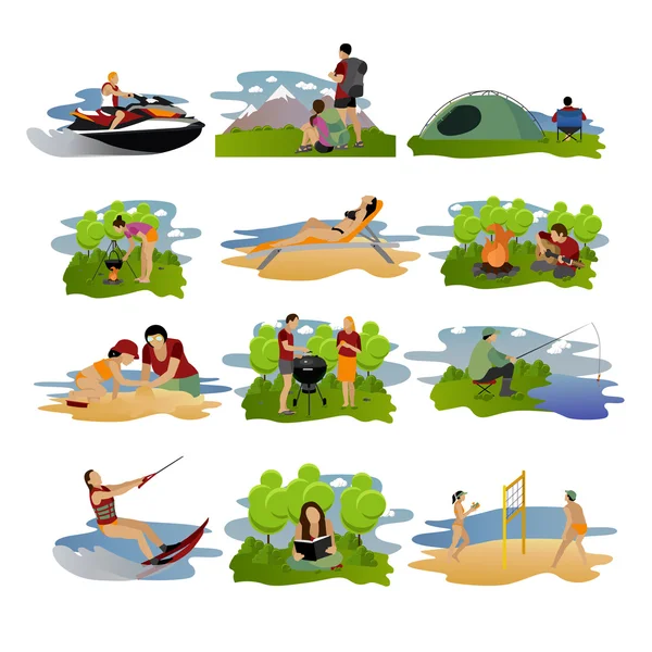 Векторный набор элементов дизайна летнего отдыха. Карикатурные наклейки. Пляжный спорт, рыбалка, активный отдых и кемпинг — стоковый вектор