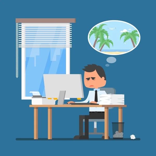 Business man working hard and dreaming about vacation on a beach. Vector illustration in flat cartoon style. — Stock Vector