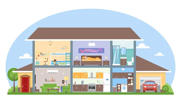 Interior del hogar con la ilustración del vector de muebles de habitación. Casa moderna detallada en estilo plano — Vector de stock