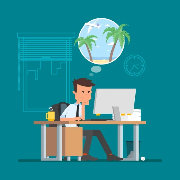 Business man working hard and dreaming about vacation on a beach. Vector illustration in flat cartoon style. — Stock Vector