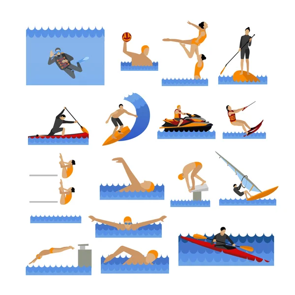 Wody sportowe ikony zestaw z ludźmi, pływanie, żeglarstwo, skoki do wody. Ilustracja wektorowa w stylu płaski. — Wektor stockowy