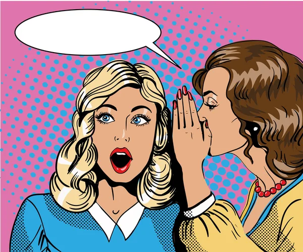 Pop art retro komik vektör çizim. Dedikodu ya da gizli onun arkadaşı fısıldayan kadın.