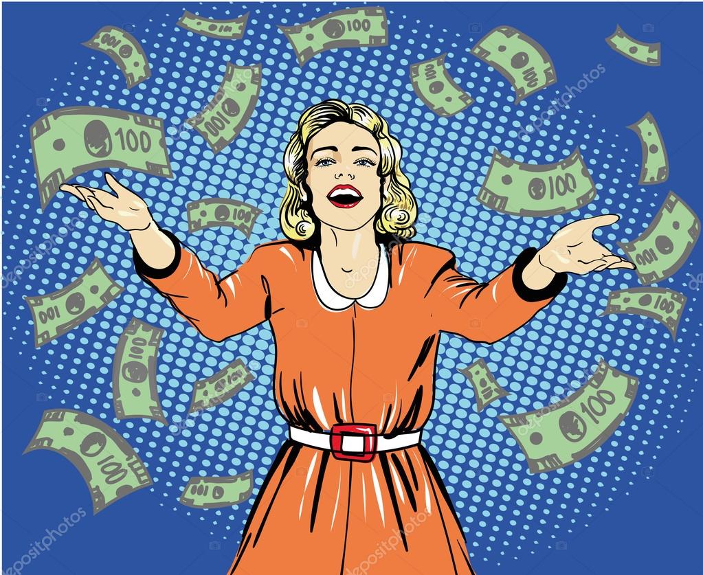 Happy woman throw money. Vector illustration in retro pop art style