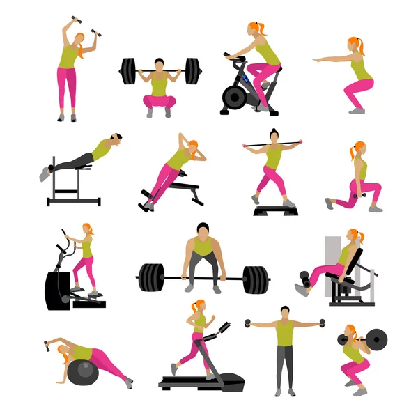 Exercice de fitness et d'entraînement en salle de gym. Ensemble vectoriel d'icônes style plat isolé sur fond blanc — Image vectorielle