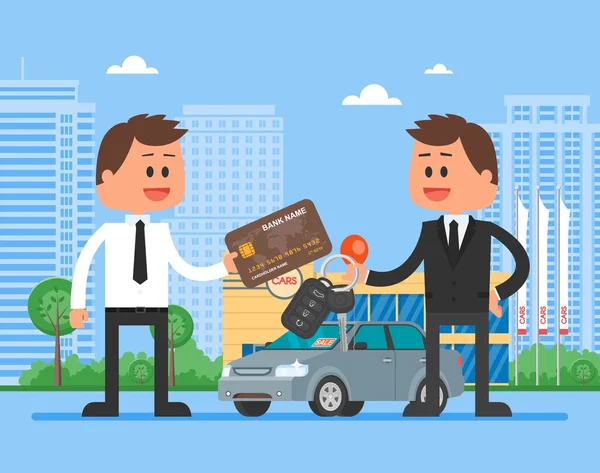 Ilustração do vetor da venda do carro. Cliente de compra de automóveis do conceito de revendedor. Vendedor dando a chave ao novo proprietário —  Vetores de Stock