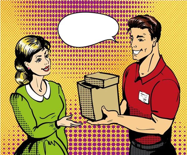 Pop art delivery concept vector illustration. Delivery man handing box to woman — Stock Vector