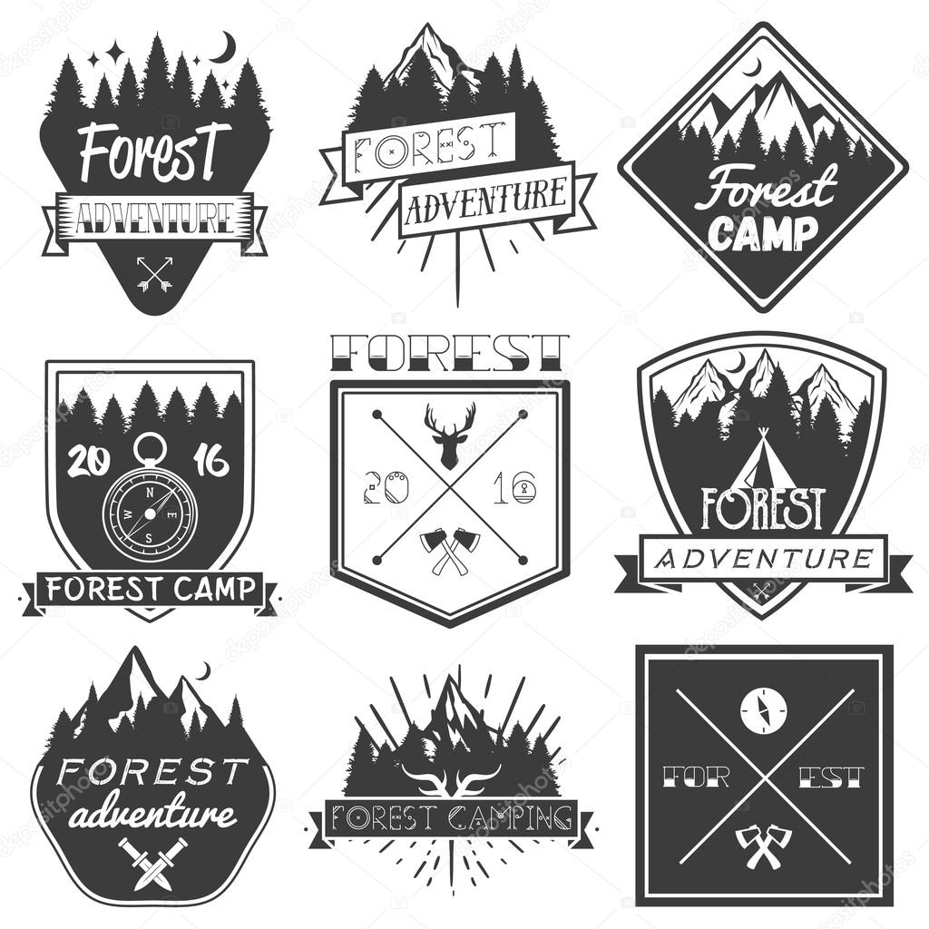 Vector set of forest camp labels in vintage style. Design elements, icons, logo, emblems and badges isolated on white background. Logotype template illustration with forest, pines, trees, mountains.