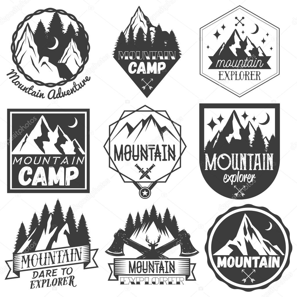 Vector set of mountain camp labels in vintage style. Design elements, icons, logo, emblems and badges isolated on white background. Camp outdoor adventure concept illustration.