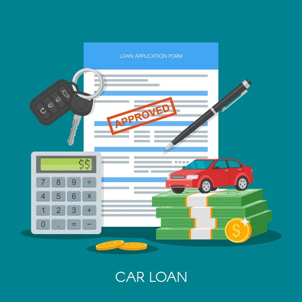 Illustrazione del vettore del prestito auto approvato. Comprare auto concetto. Chiavi automatiche, denaro, modulo di domanda — Vettoriale Stock