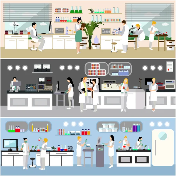 De wetenschapper werken in laboratorium vectorillustratie. Science lab interieur. Biologie, natuurkunde en scheikunde onderwijs concept — Stockvector