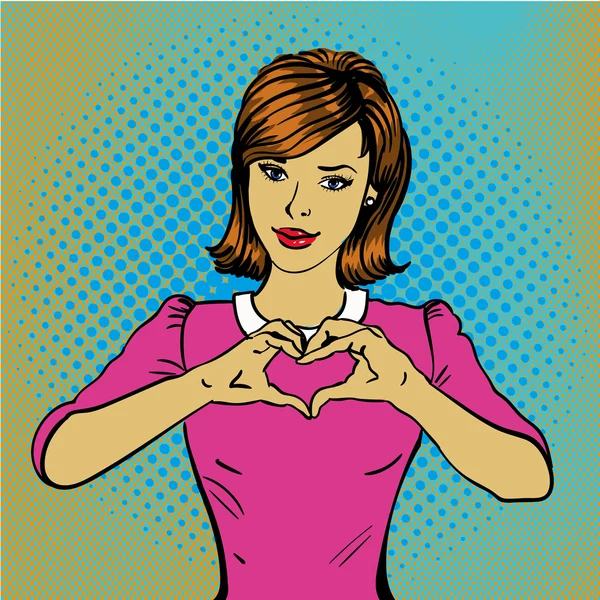 Arte pop mujer de estilo retro mostrando el signo de la mano del corazón. Ilustración de vectores de diseño dibujado cómic — Archivo Imágenes Vectoriales