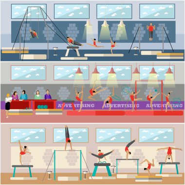 Jimnastik spor yarışması arena iç vektör çizim. Sporcu düz simgeler. Sanatsal ve ritmik jimnastikçi egzersiz