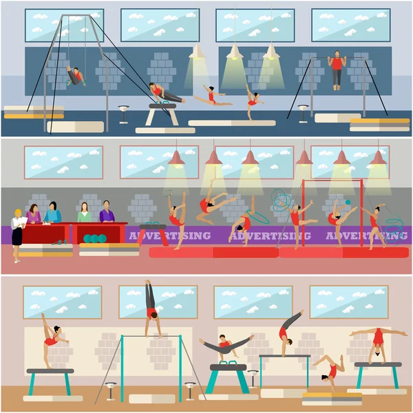 Ginnastica sport competizione arena interno vettoriale illustrazione. Icone sportive piatte. Esercizio ginnico artistico e ritmico — Vettoriale Stock