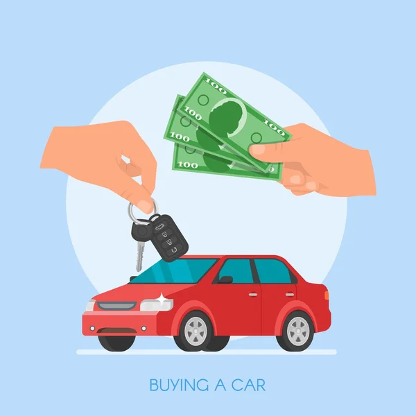 Car sale vector illustration. Customer buying automobile from dealer concept. Salesman giving key to new owner. — Stock Vector