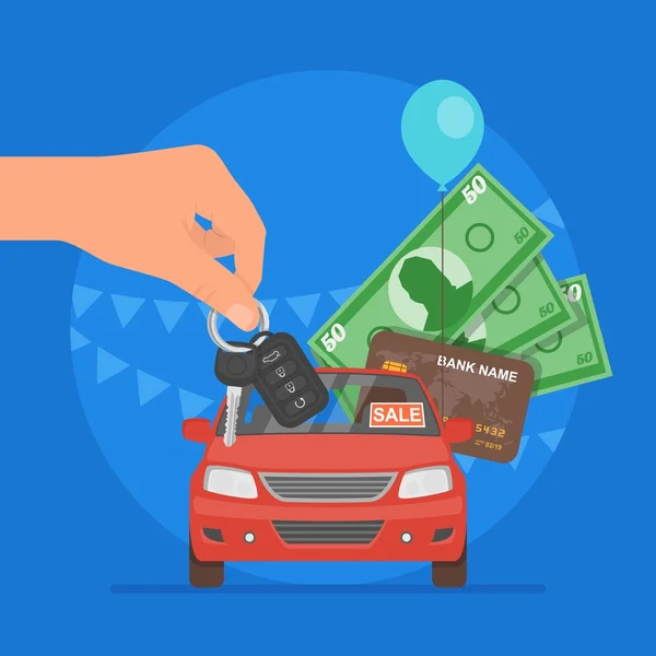 Ilustração do vetor da venda do carro. Cliente de compra de automóveis do conceito de revendedor. Vendedor dando a chave ao novo proprietário . — Vetor de Stock