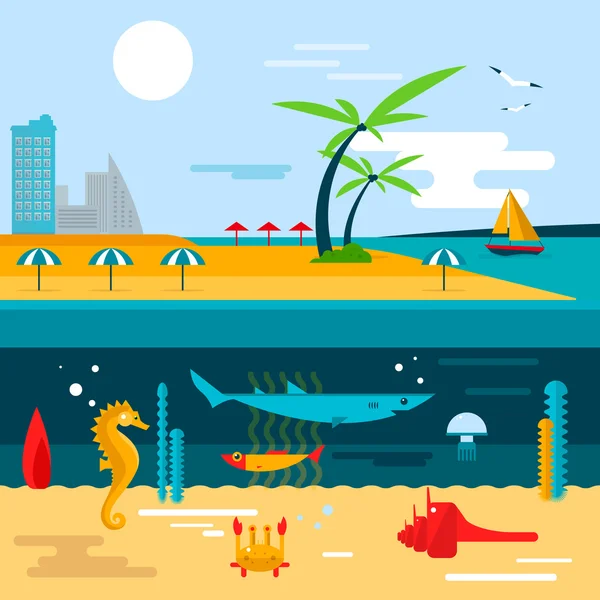 Vida submarina de playa y océano. Ilustración vectorial en diseño de estilo plano . — Vector de stock