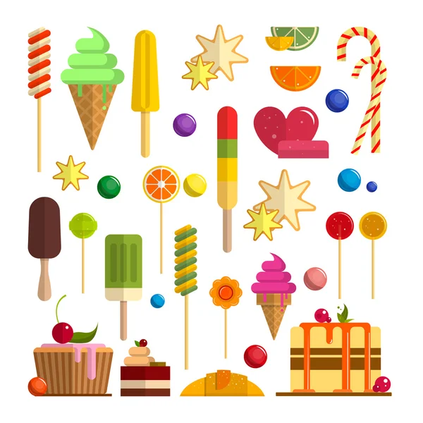 Vektor sadu ikon sladká jídla v plochý. Designové prvky izolovaných na bílém pozadí. Kornouty na zmrzlinu, bonbóny, sladkosti, koláče. — Stockový vektor