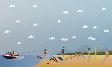 Vektör set yaz eğlence kavramının içinde düz stil afiş. Sahilde su sporları oynayanlar