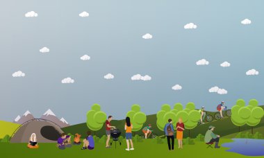 Vektör set yaz eğlence kavramının içinde düz stil afiş. Parkta kamp insanlar