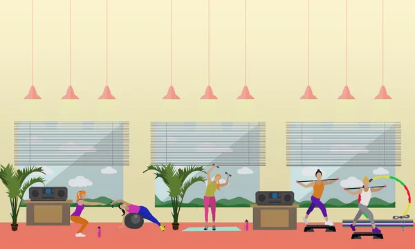 Fitness centro interior vector ilustración. La gente hace ejercicio en las pancartas horizontales del gimnasio. Concepto de actividades deportivas . — Vector de stock
