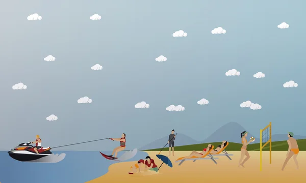 Conjunto vectorial de banderas de concepto de recreación de verano en estilo plano. Gente practicando deportes acuáticos en una playa — Vector de stock