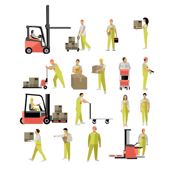 Levering mensen silhouetten. Logistiek en transport pictogrammen geïsoleerd op een witte achtergrond. Vectorillustratie in vlakke stijl ontwerp. — Stockvector