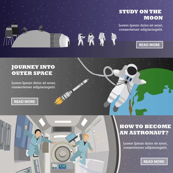 Missie concept vector banners. Astronauten in het station en de ruimte. Kosmonauten vliegen geen zwaartekracht — Stockvector