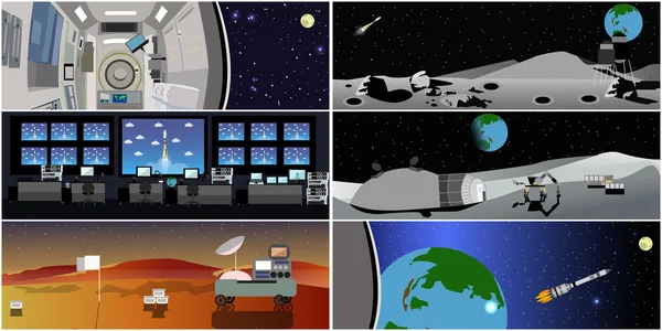 Centro de control de misión. Ilustración del vector de lanzamiento de cohetes. Estación y espacio exterior . — Archivo Imágenes Vectoriales