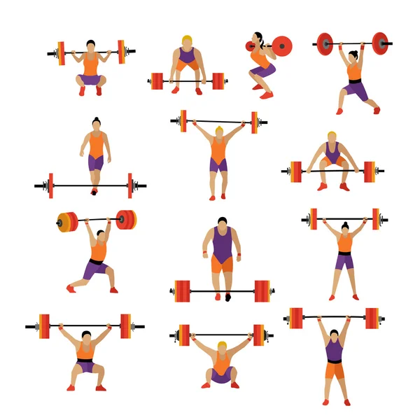Haltérophilie et exercice dans la salle de gym. Ensemble vectoriel d'icônes de gymnase dans un style plat isolé . — Image vectorielle