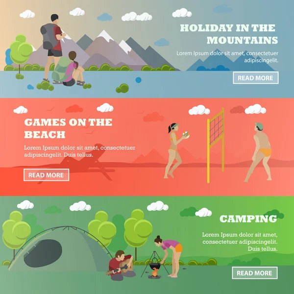 Vector set of summer recreation concept banners in flat style. Beach volleyball, forest camping, mountain hiking — Stok Vektör