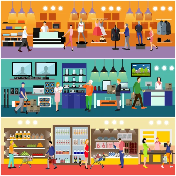 Gente comprando en un centro comercial. Tienda de electrónica de consumo Interior. Ilustración vectorial colorida . — Vector de stock