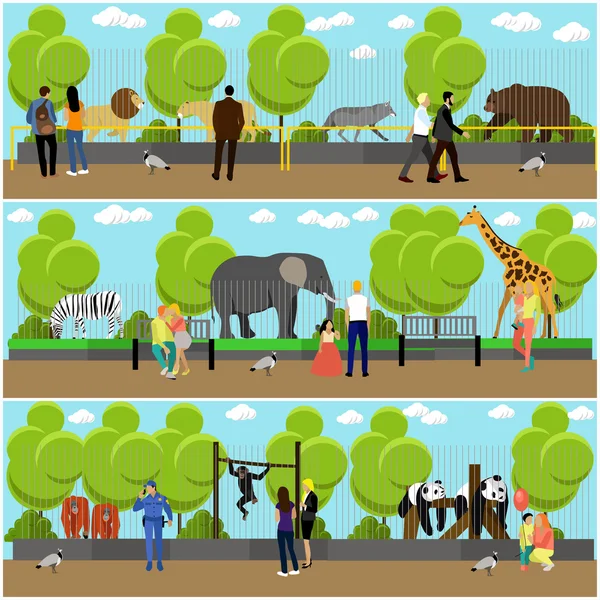 Bannières concept de zoo. Des gens visitent Zoopark avec leur famille et leurs enfants. Illustration vectorielle animalière dans un style plat — Image vectorielle