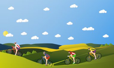 Group of bicycle riders on bikes in mountains and park. Biking sport concept cartoon banners. Vector illustration flat style design