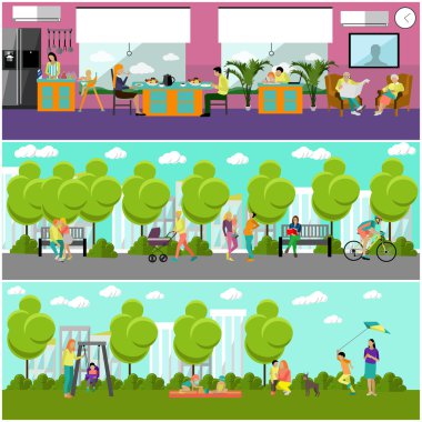 Family home and park concept banner. People spending time with kids, friends in at home. Vector illustration flat style design