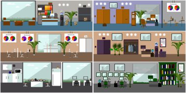 Ofis iç. Düz stil tasarım vektör çizim. Mobilya modern odalar