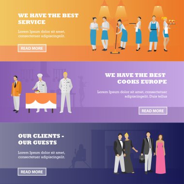 Vector set of restaurant workers and visitors banners. Illustration in flat style design. Waitress, chef, clients