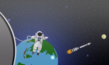 Mission concept vector illustration. Astronauts in station and outer space. Cosmonauts flying no gravity. Rocket launch