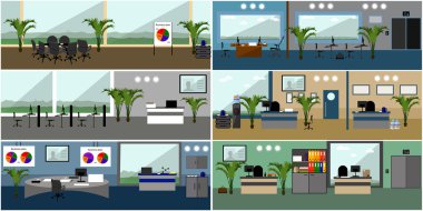 Ofis iç. Düz stil tasarım vektör çizim. Mobilya modern odalar