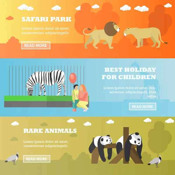 Zookonzept-Banner. Tiere im Zoopark, Panda, Zebra, Löwen. Vektorillustration im flachen Design — Stockvektor