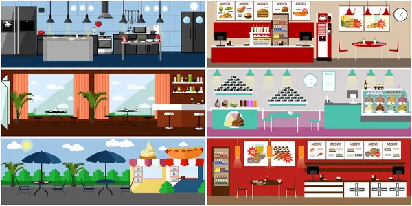 Vector banner with restaurant interiors. Kitchen, dining room, street cafe and fast food restaurant. Illustration in flat design — Stockový vektor