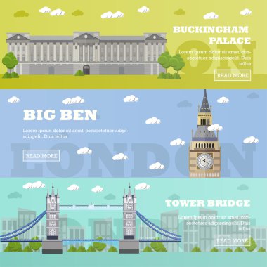 Londra turistik simge afiş. Ünlü binalar ile Vektör illüstrasyon. Kule köprüsü, Big Ben ve Buckingham Sarayı