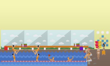 Horizontal vector banner with swimming pool interior. Water sport concept. People training and exercising. Flat cartoon illustration