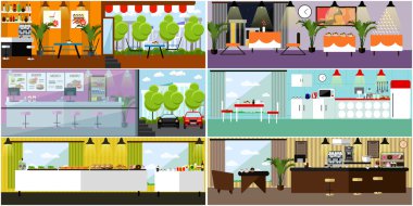 Vector banner with restaurant interiors. Kitchen, dining room, cafe, fast food. Illustration in flat design