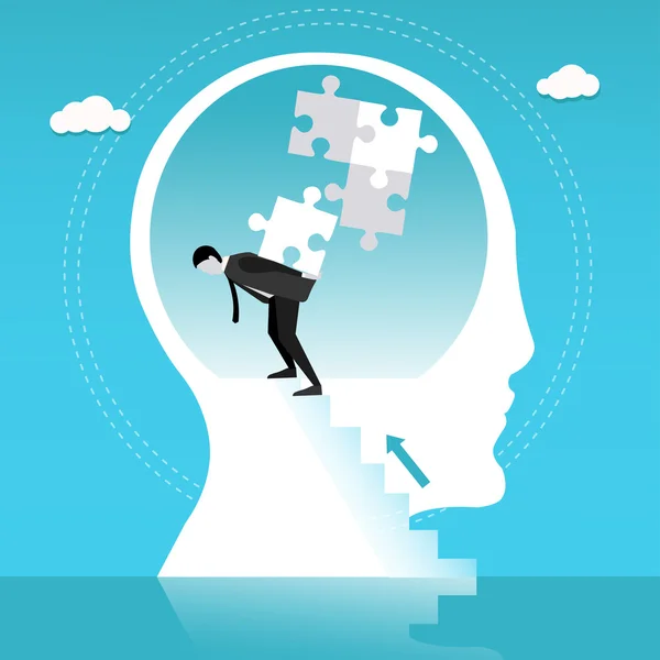 Man builds puzzle in human head. Concept vector illustration — Stock Vector