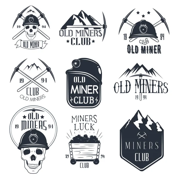 Vector set of mining labels in vintage style. Gold miners club — Stock Vector