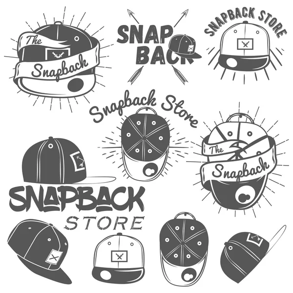 Vector set of snapback store labels in vintage style. Flat cap hats concept illustration — Stock Vector