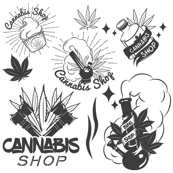 Vintage tarzı tıbbi marihuana etiketleri Vektör seti. Mağaza tasarımı için kenevir amblemleri, rozetleri ve logoları. Weed yaprağı, bong