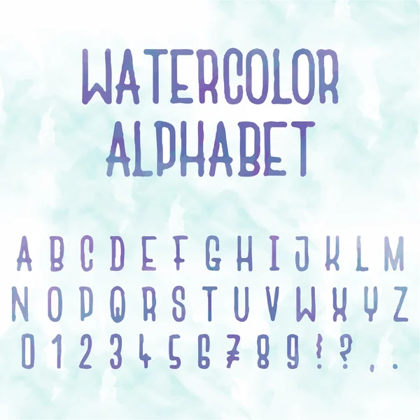 Vektor akvarell. Abstrakt alfabet. Bokstäver med blå bakgrund. Handritat typsnitt — Stock vektor