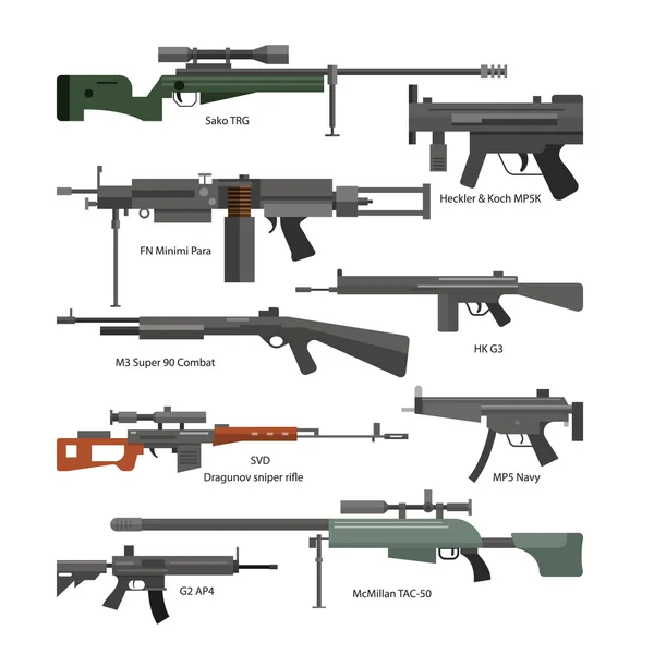 Διάνυσμα σύνολο όπλων καταπολέμηση του στρατού. Εικονίδια που απομονώνονται σε λευκό φόντο. Gun, τουφέκια, πολυβόλο — Διανυσματικό Αρχείο